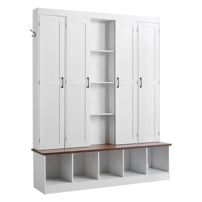 Hall Tree with Bench and Shoe Storage, 59" Wide, 4-in-1 Entryway Hall Tree with Bench, Hanging Hooks, Storage Cabinet, and Shoe Cabinet, Wooden Furnit