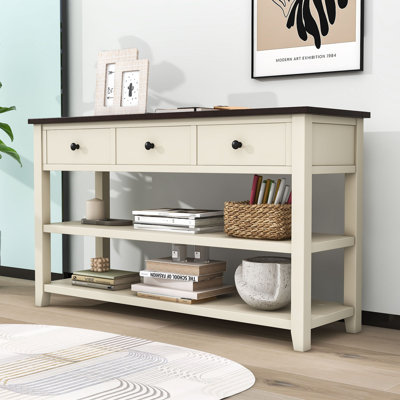 Console Exton Mid-Century avec tiroirs de rangement et tablettes ouvertes
