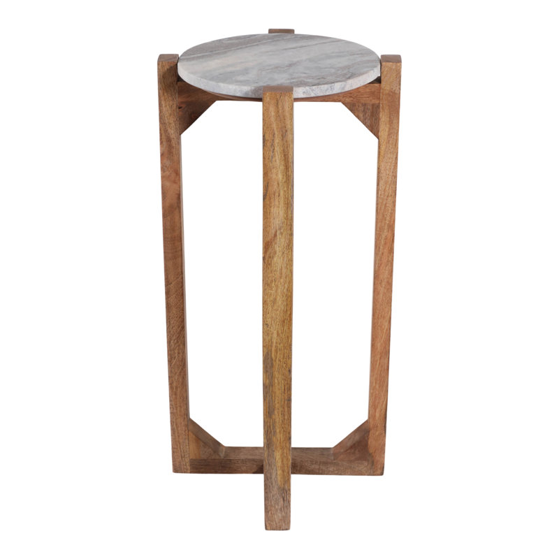 Modern Round Tabletop Marble and Wood Small Drink Table for Living Room - Decorative Pedestal Side Top End Accent Table for Lounge Area - Ivory & Brown
