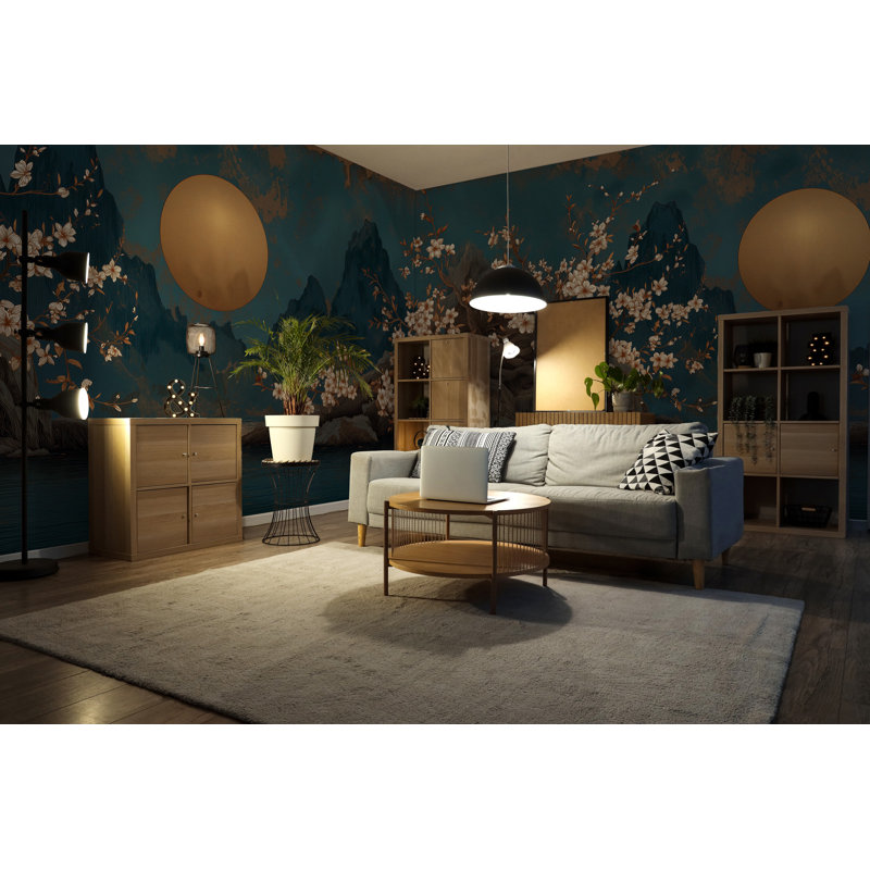 Papier peint fleur de montagne d'inspiration asiatique en bleu sarcelle et or, 60" L x 90" W, Non-Woven
