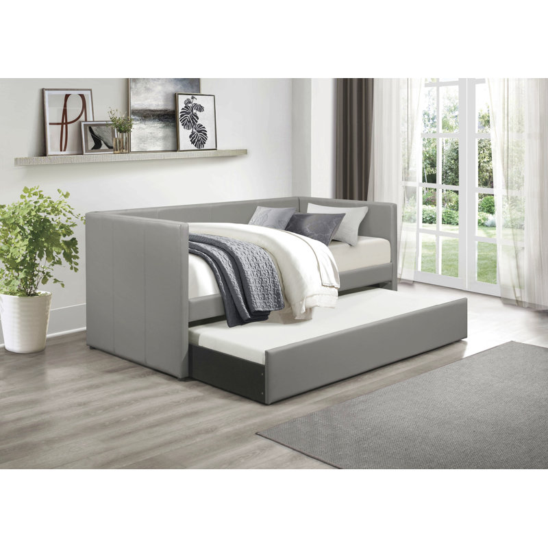 Faux Leather Upholstered Contemporary Daybed With Trundle Wooden Furniture 1Pc, Gray