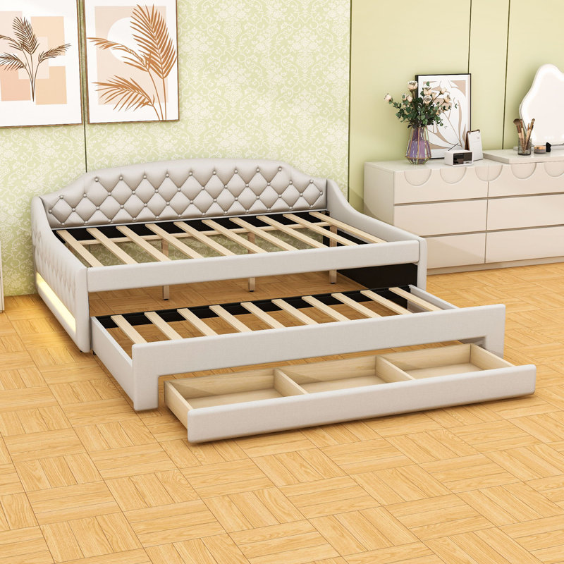 Full Size Daybed with Twin Trundle and Drawers,LED Light, Beige
