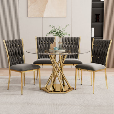 47.2" Round Glass Dining Table set for 4, 5-Pieces Round Dining Table Set, Clear Glass Dining Table set with 4 Velvet Upholstered Chairs, for Kitchen, Dining Room, Apartment