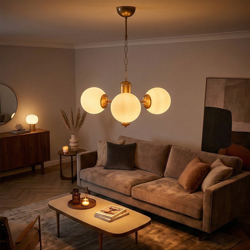 Lustre Luna Trio Mid-Century, Doré, Blanc