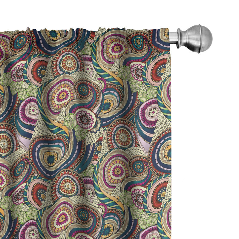 Abstract Curtains, Inspired Doodle Style Geometric Shapes Paisley Oriental Elements, Window Treatments Panel for Living Room Bedroom Decor, Multicolor Semi-Sheer Rod Pocket Sliding Panel