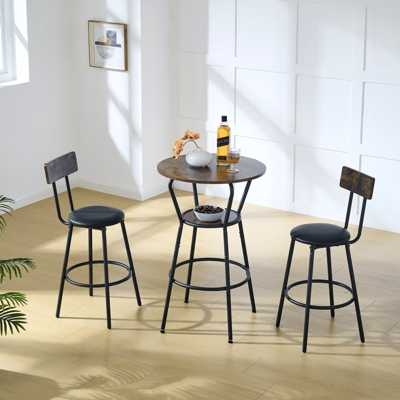 Table de bar ronde antique et tabourets rembourrés, 63 cm de profondeur x 63 cm de largeur, pour tabourets de salon, finition marron rustique, matériaux principaux : métal et bois, pour salle à manger