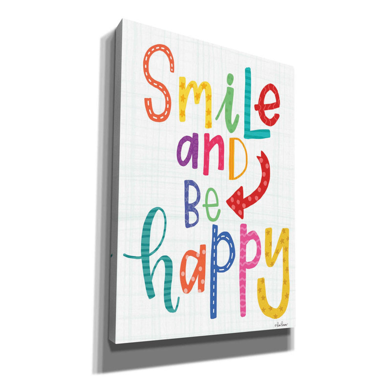«Smile and Be Happy» par Lisa Larson, art textuel sur toile tendue, H 26 po x l 18 po x P 0,75 po