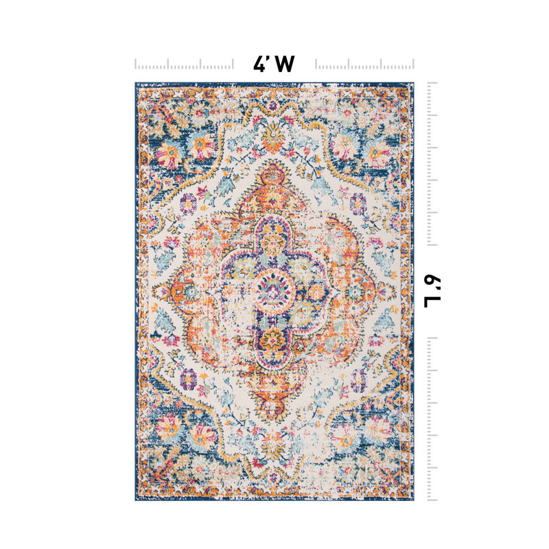 Beverly Oriental Orange/Blue/Cream Area Rug, Rectangle 4' x 6'