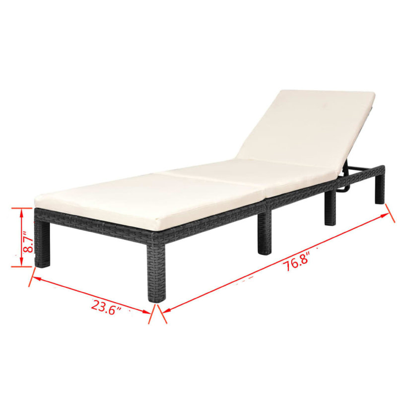 Chaise longue de patio en rotin de polyester et coussin en polyester de 77 pouces, Noir, Blanc