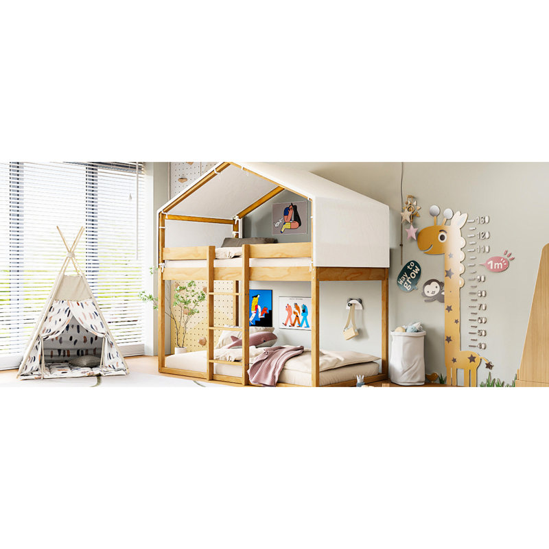 Twin Over Bunk Bed With Tent - Wood Construction Natural Spacious Play Area, Natural