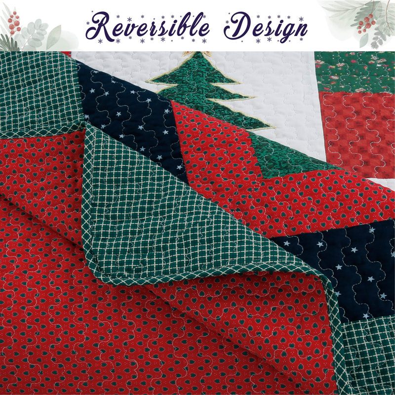 King Red and Green Cotton Reversible Christmas Quilt Set