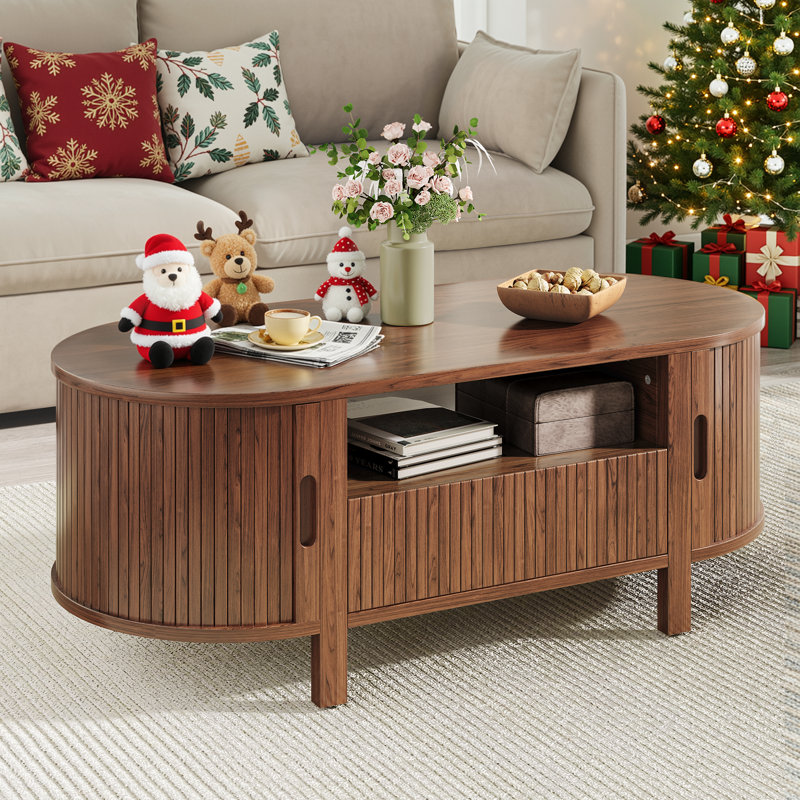47.2'' Oval Coffee Table With Storage, Fluted Accent Center Table With Draw And Sliding Tambour Doors, Walnut