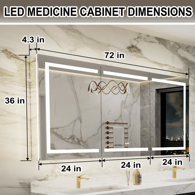36 in. H Recessed/Surface Mount LED Medicine Cabinet with Mirror And GFCI Power-Off, 36" H x 72" W x 5" D