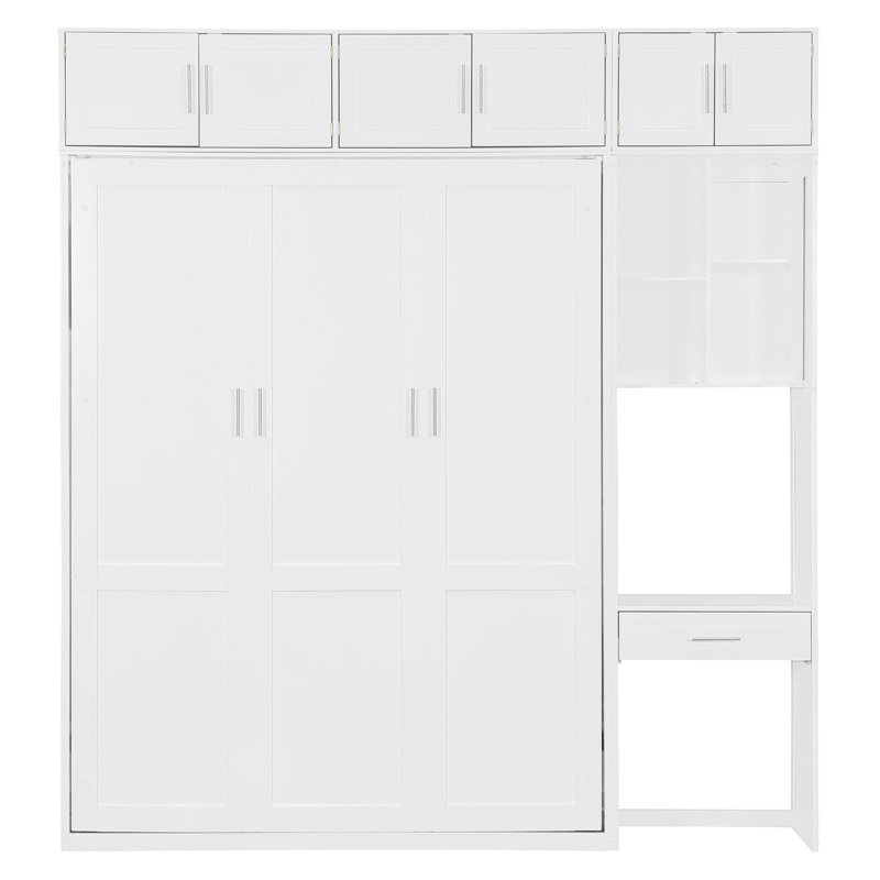 Grand lit escamotable mural avec bureau, tablettes de rangement et armoires supérieures - lit pliant peu encombrant, blanc