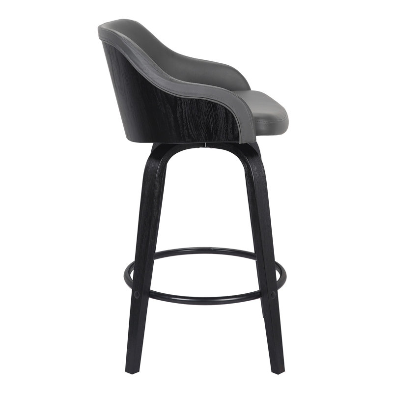 Aiken Swivel Counter or Bar Height Bar Stool with Arms in Faux Leather, Plywood and Metal Footrest, Grey Faux Leather, Black