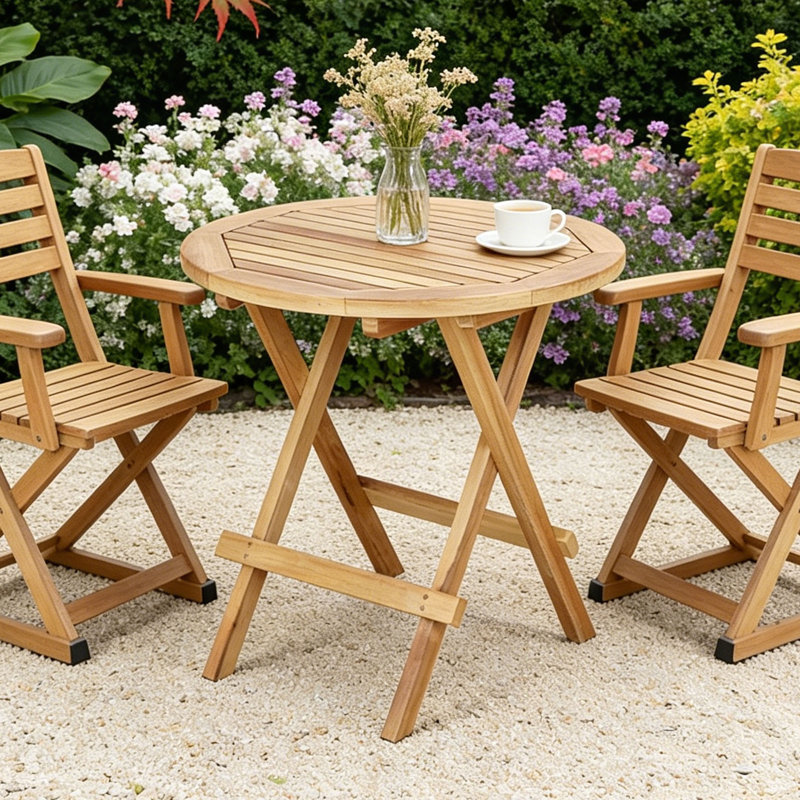 Solid Teak Round Folding Side Table - Indoor & Outdoor Patio End Table