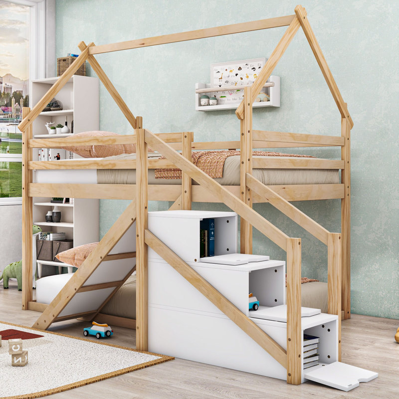 Wood Twin Over Twin Bunk Bed With Slide, Staircase And Storage, Natural