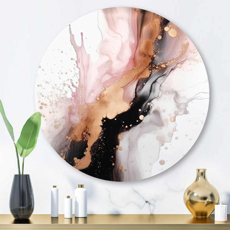 «Pink Gold Splash Marble I», art mural rond en marbre abstrait sur métal, H 29 po x l 29 po x P 1 po