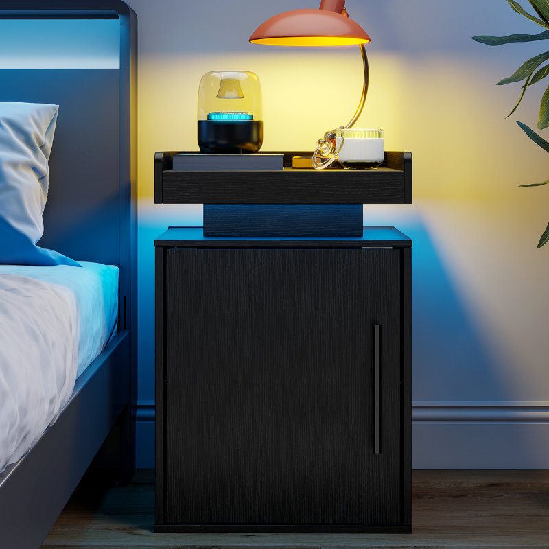 LED Nightstand with Magnetic Door, Modern Bedside Table with Adjustable Shelf for Bedroom, Individual