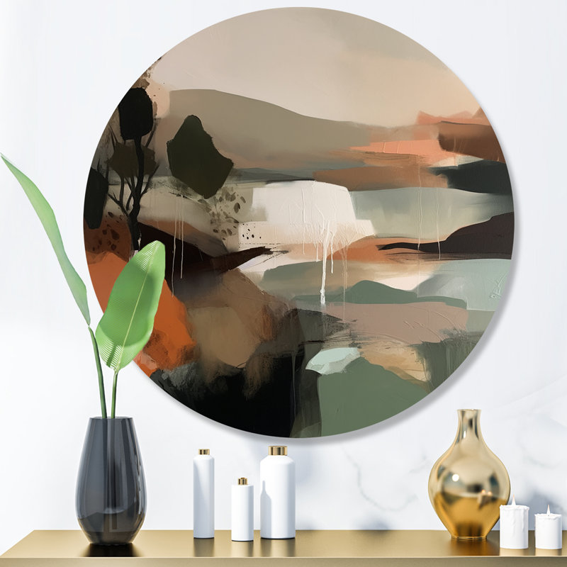 «Green and Beige Transcendant Reality I», peinture abstraite ronde sur métal, H 16 po x l 16 po x P 1 po