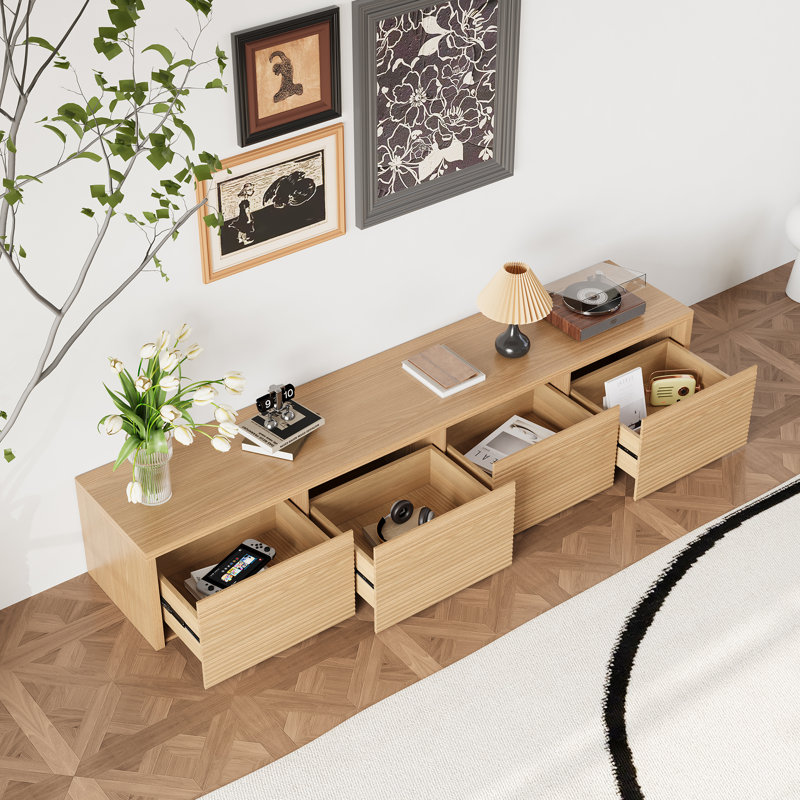 79" Mid-Century Natural Wood TV Stand with 4 Drawers, Supports TVs up to 85", Natural Wood