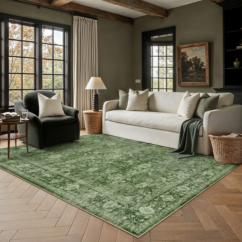 Tapis lavable rétro avec envers antidérapant Bremerton, Green, Rectangle 9 pi x 12 pi