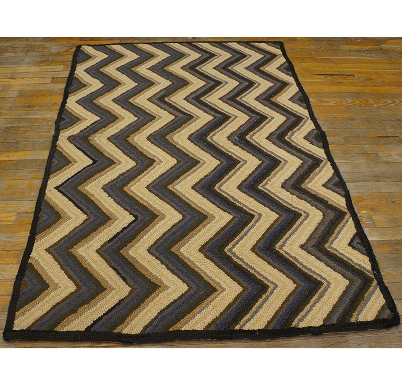 1960s Brown Zig Zag Vintage American Hooked Rug 4'6" x 6' Handwoven Wool Carpet