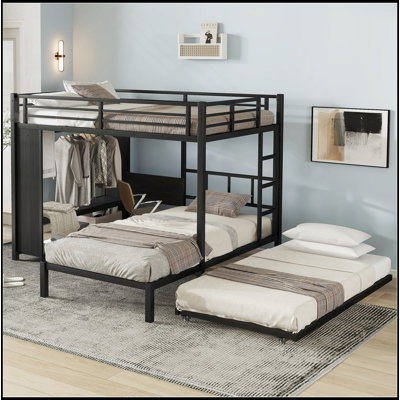 Lit superposé simple au-dessus de simple avec garde-robe intégré, lit superposé en métal avec lit gigogne, bureau pliable, échelles, conception à réduction de bruit, noir