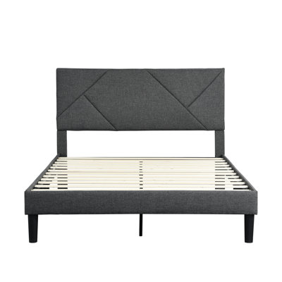 Structure de lit double pleine grandeur, tissu gris, tête de lit, support en bois, sans sommier, lit à assemblage simple, lattes, assemblage facile, support de matelas