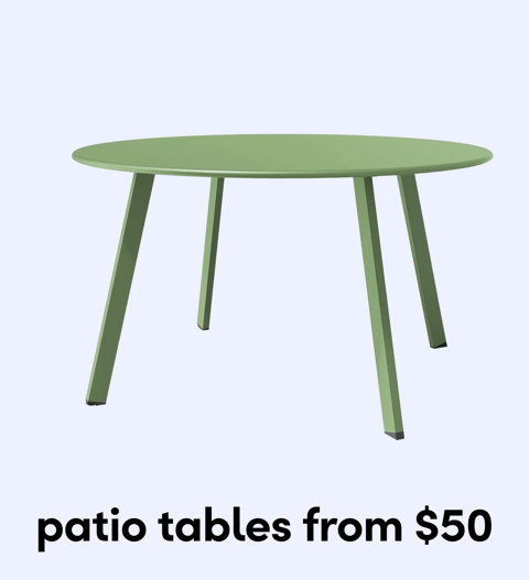 A round, sage green metal patio table with four tapered legs from $50.
