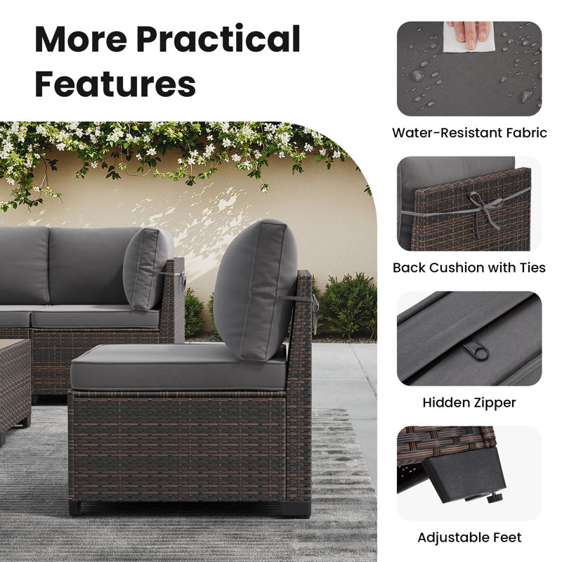8 - Person Outdoor Wicker Patio Conversation Furniture Set With Swivel Chairs, Gray