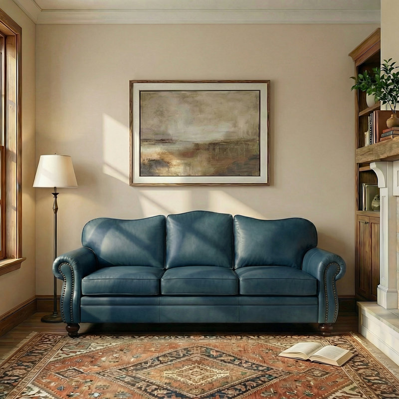 Eugene 81" Traditional Genuine Leather Sofa, Turquiose