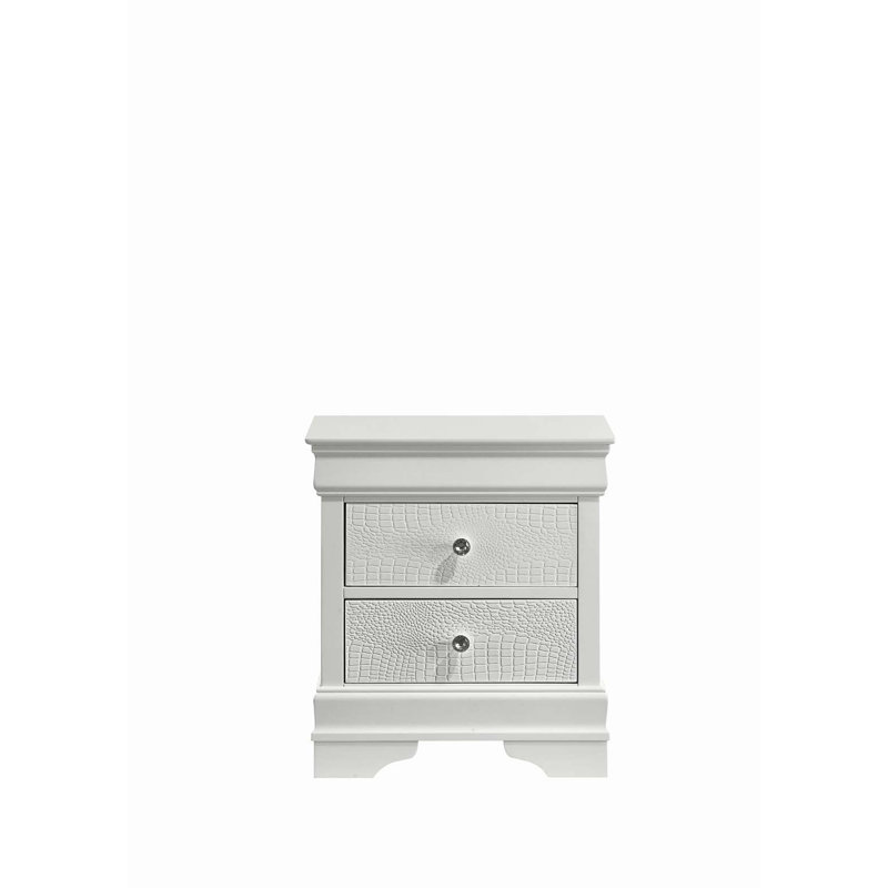  Pompei Metallic 2 Drawer Nightstand with Crystal Handles and Textured Design,  White