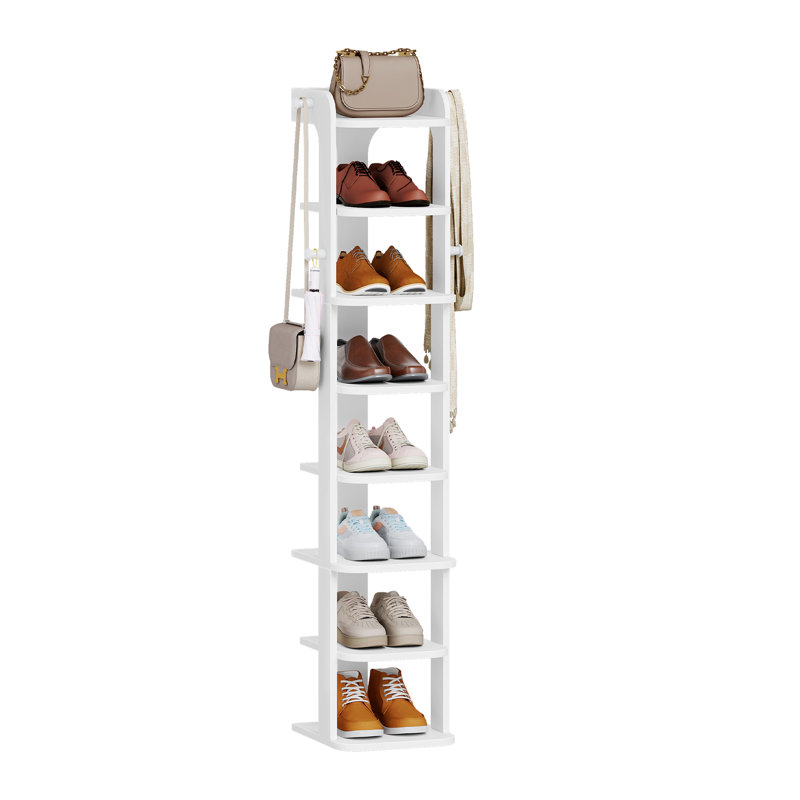 Vertical Shoe Rack, 8 Tier Narrow Shoe Rack For Small Space, Wooden Shoes Organizer With Hooks, Adjustable Slim Shoes Tower for Entryway, Living Room, Bedroom, White 