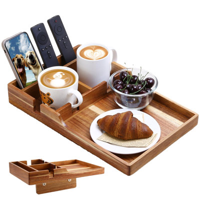 Insert de plateau de canapé avec porte-gobelet, insert 2 en 1 et organisateur de canapé plat en bois d'acacia avec 2 porte-gobelets, convient au canapé du milieu ou aux repose-pieds (bois d'acacia)