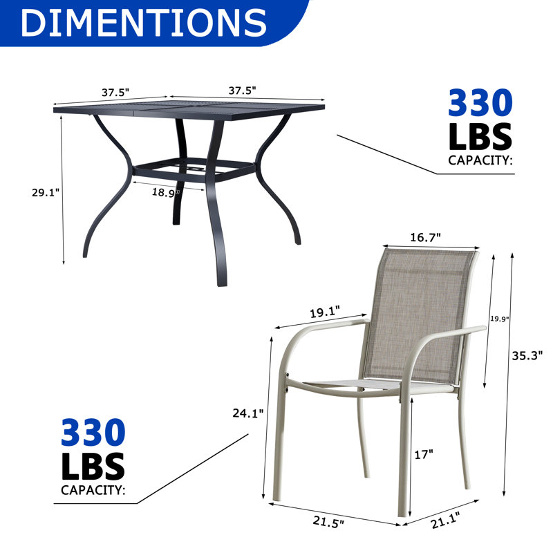 5-Piece Outdoor Dining Set, Square Metal Table With 4 Grey Chairs, Black Patio Table With Umbrella Hole For Garden, Yard, Patio