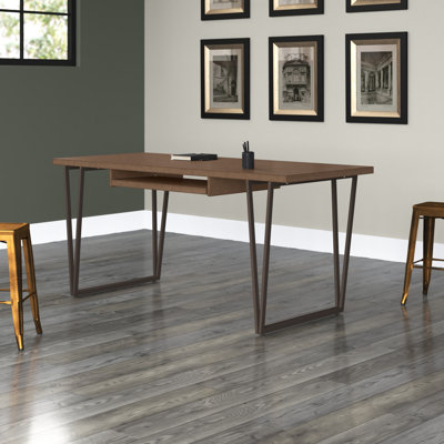 Ryder 66"W Solid Wood Desk, Industrial Contemporary Style with Keyboard Tray and V-Design Metal Base