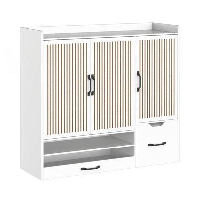 Multi-Functional Shoe Cabinet With Adjustable Shelves, Stool, Retractable Toe-Kick Drawer, Minimalist Shoe Storage Organizer With Sturdy Top Surface For Various Sizes Of Items