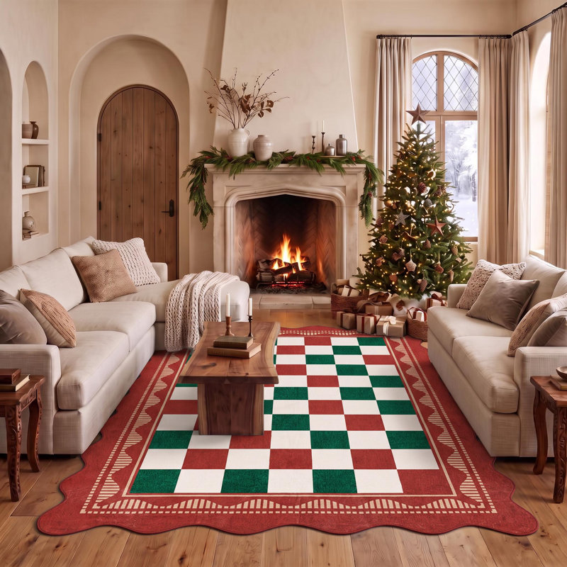 Tapis de Noël à carreaux avec bordure ondulée festonnée, Poinsettia, 4*6ft