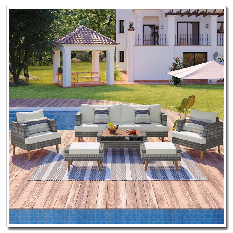 Ensemble de canapé en osier 6 pièces 6 pièces avec coussins doubles et housse de table, Beige, Gris