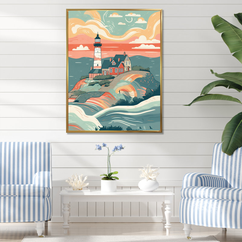 Bord de mer phare II, reproduction sur toile, H 32 po x l 16 po x P 1 po, Cadre flottant doré