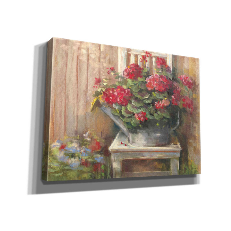 «Aanyla Geraniums On Chair on Canvas» par Carol Rowan, reproduction, H 12 po x l 16 po x P 0,75 po