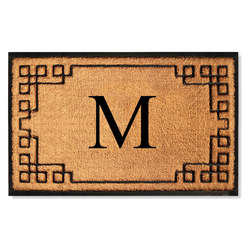 Monogram Natural Coir & Rubber Door Mat with Geometric Border — Heavy-Duty, Dirt-Trapping, Non-Slip Outdoor Entry Mat, M