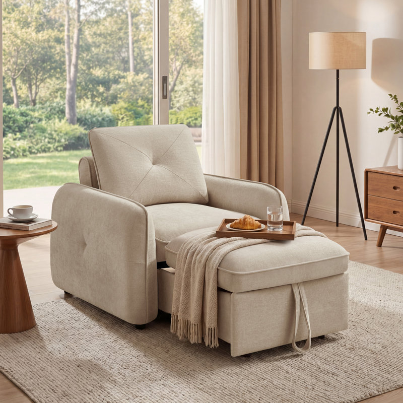40.94'' Upholstered Pull-Out Accent Chair, Convertible Sleeper Chair, Beige