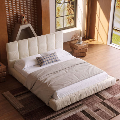 Queen Size Cream Wabi-Sabi Puff Grid Cloud Bed, Velvet Fabric, Beige