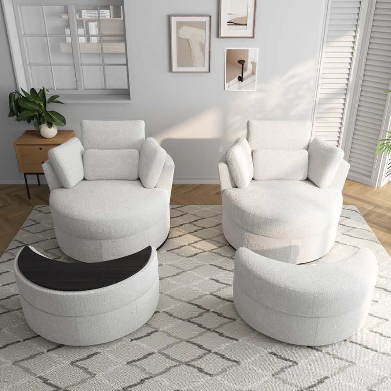 Fauteuil rembourré pivotant avec repose-pieds (ensemble de 2), Bouclé ivoire