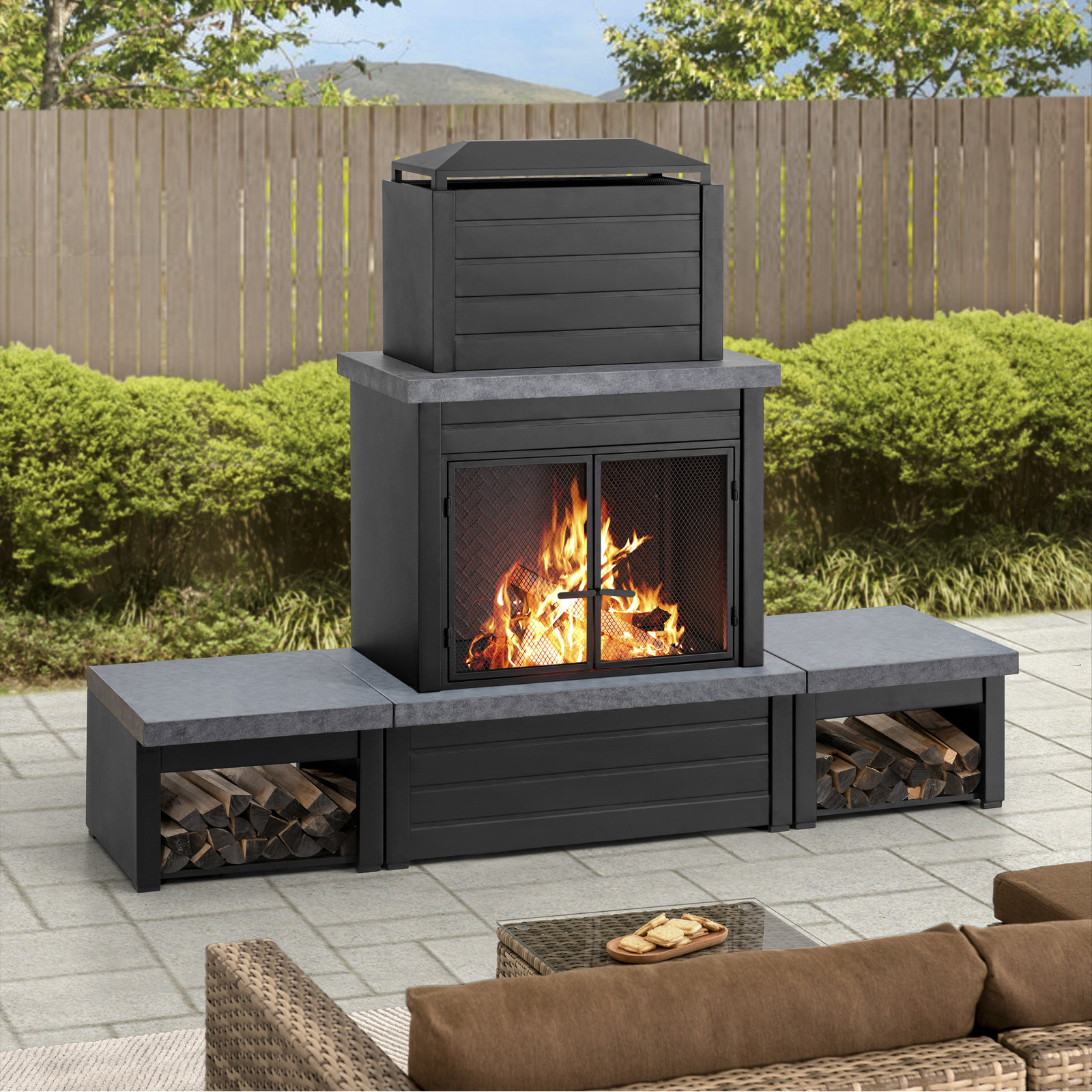 Sunjoy Group Outdoor Fireplace with Wood Storage and Chimney
