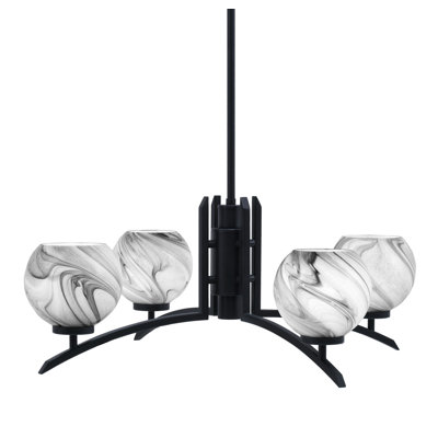 Kurve 4 Light Chandelier Shown In Matte Black Finish With 5.75" Onyx Swirl Glass