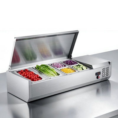 Station de préparation de comptoir réfrigérée 22 pte ETL, pour utilisation commerciale dans les bars à salade, 160 W, comprend 2 casseroles 1/3 et 4 x 1/6, dégivrage automatique, contrôle de la température, couvercle en acier inoxydable