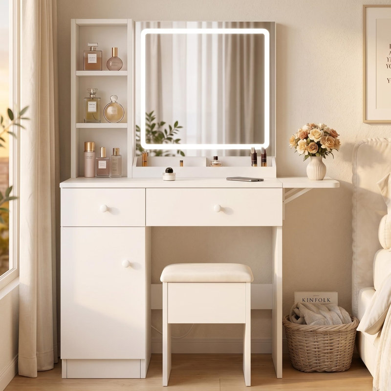 Meuble-lavabo avec miroir DEL Cradere, Blanc